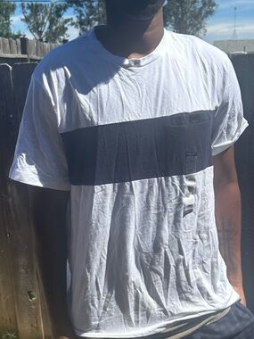 Kenneth Cole White Tee with Black Horizontal Stripe Pocket